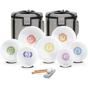 image432HZ 612 Inch Azure Blue Color Aria Gradient Design Frosted Quartz Crystal Singing Bowls Chakra Set of 7 with Carry Case Bags for Sound Healing and MeditationChakra set with grey bags