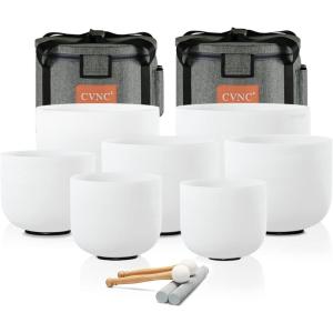 image432HZ 612 Inch Azure Blue Color Aria Gradient Design Frosted Quartz Crystal Singing Bowls Chakra Set of 7 with Carry Case Bags for Sound Healing and Meditation432HZ white set with bags