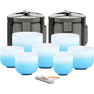 image432HZ 612 Inch Set Of 7 PCS Frosted Chakra Quartz Crystal Singing Bowls for Sound Healing with 2 PCS Travel Carry Case BagBlue