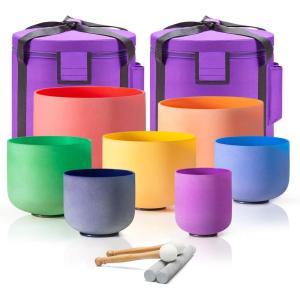imageSet Of 7 PCS 440HZ 612 Inch Colored Frosted Chakra Quartz Crystal Singing Bowls Sound Healing Instrument with 2 PCS Travel Carry Case Bag for MeditationColor 612