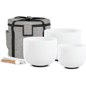 imageSet of 3 PCS 440HZ 6quot A Note 8quot F Note and 10quot C Note Frosted Chakra Quartz Crystal Singing Bowl with Carry Case Bag for Sound Healing Meditation